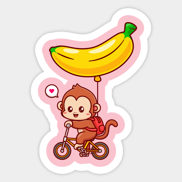 Cute Monkey Riding Bicycle With Banana Balloon Cartoon Sticker by Catalyst Labs